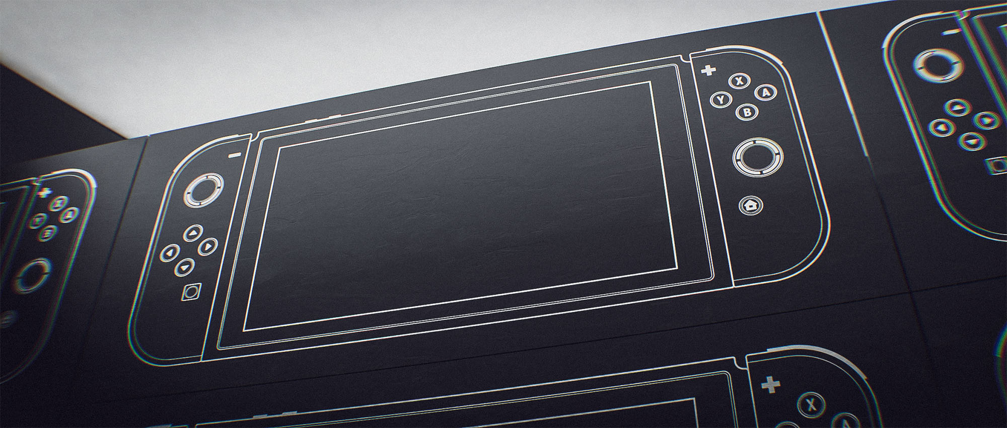 A clean, centered vector path blueprint of the Nintendo Switch console, showcasing the detailed thumbsticks, button labels, and screen boundaries framed flat against a dark textured mock environment.