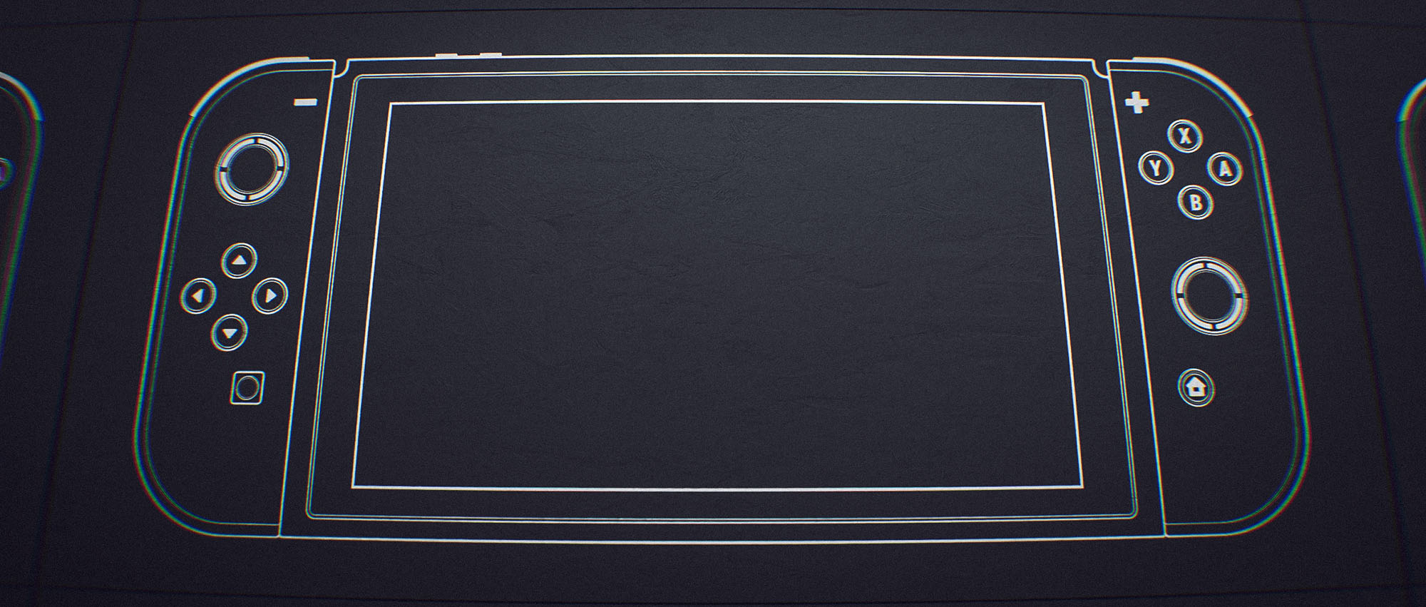 A clean, centered vector path blueprint of the Nintendo Switch console, showcasing the detailed thumbsticks, button labels, and screen boundaries framed flat against a dark textured mock environment.