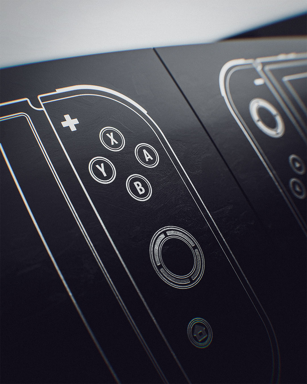 An extreme macro close-up showcasing the right Joy-Con interface detailing, focusing on the fine vector lines of the X, Y, A, and B face buttons, the home button icon, and the technical circular thumbstick geometry.