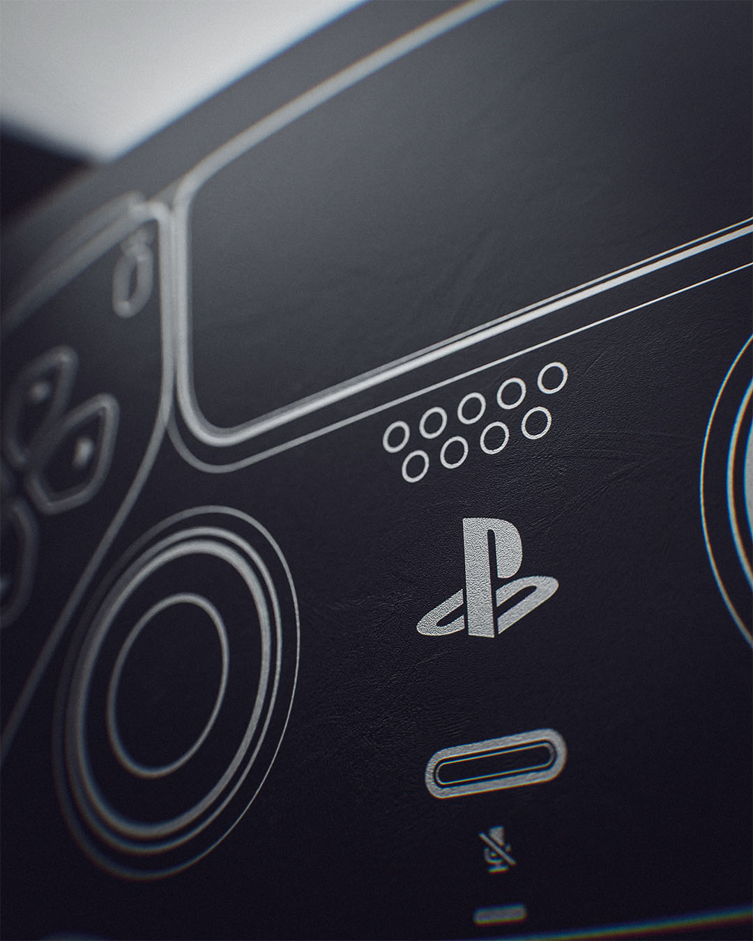 An extreme macro close-up showcasing the central details of the PlayStation 5 controller schematic, focusing on the fine vector paths of the console logo, microphone mute button, speaker grille array, and thumbstick rings.