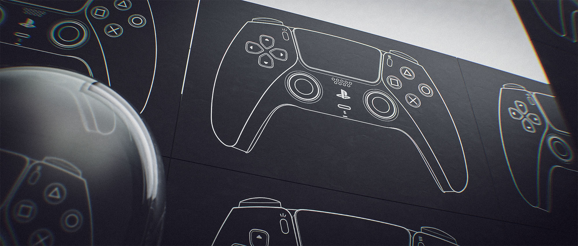 A wide-angle look-development composition displaying repeating vector illustrations of a PlayStation 5 controller across a grid, featuring a dramatic perspective angle and a smooth, reflective glass sphere casting light distortions across the foreground.