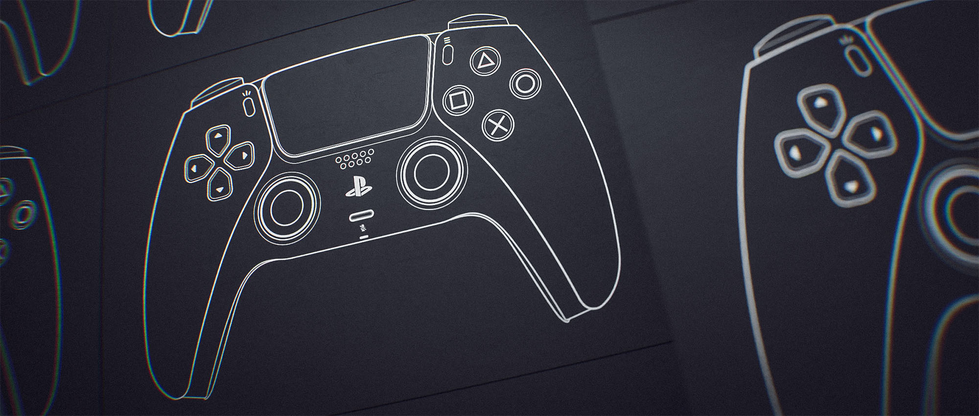 A close-up presentation shot of a white 2D vector line drawing of a PlayStation 5 controller, framed dynamically on a dark background within a three-dimensional digital studio layout.
