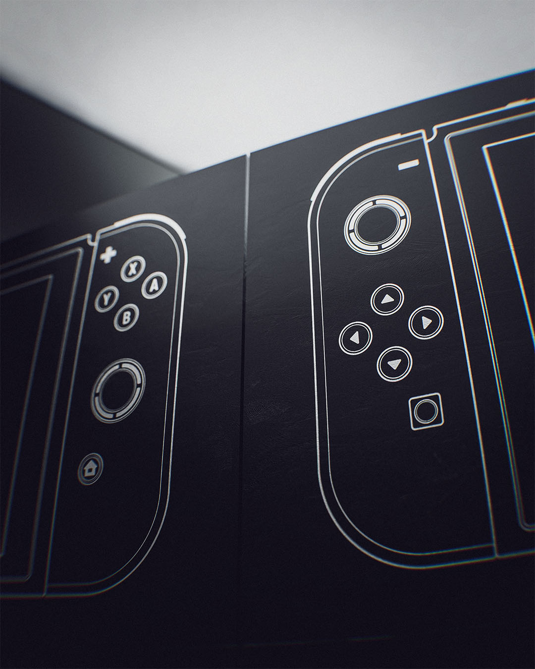 A stylized three-quarter presentation view focusing on the left controller layout of the Nintendo Switch schematic, highlighting the clean directional buttons, analogue stick profile, and capture button vector paths.