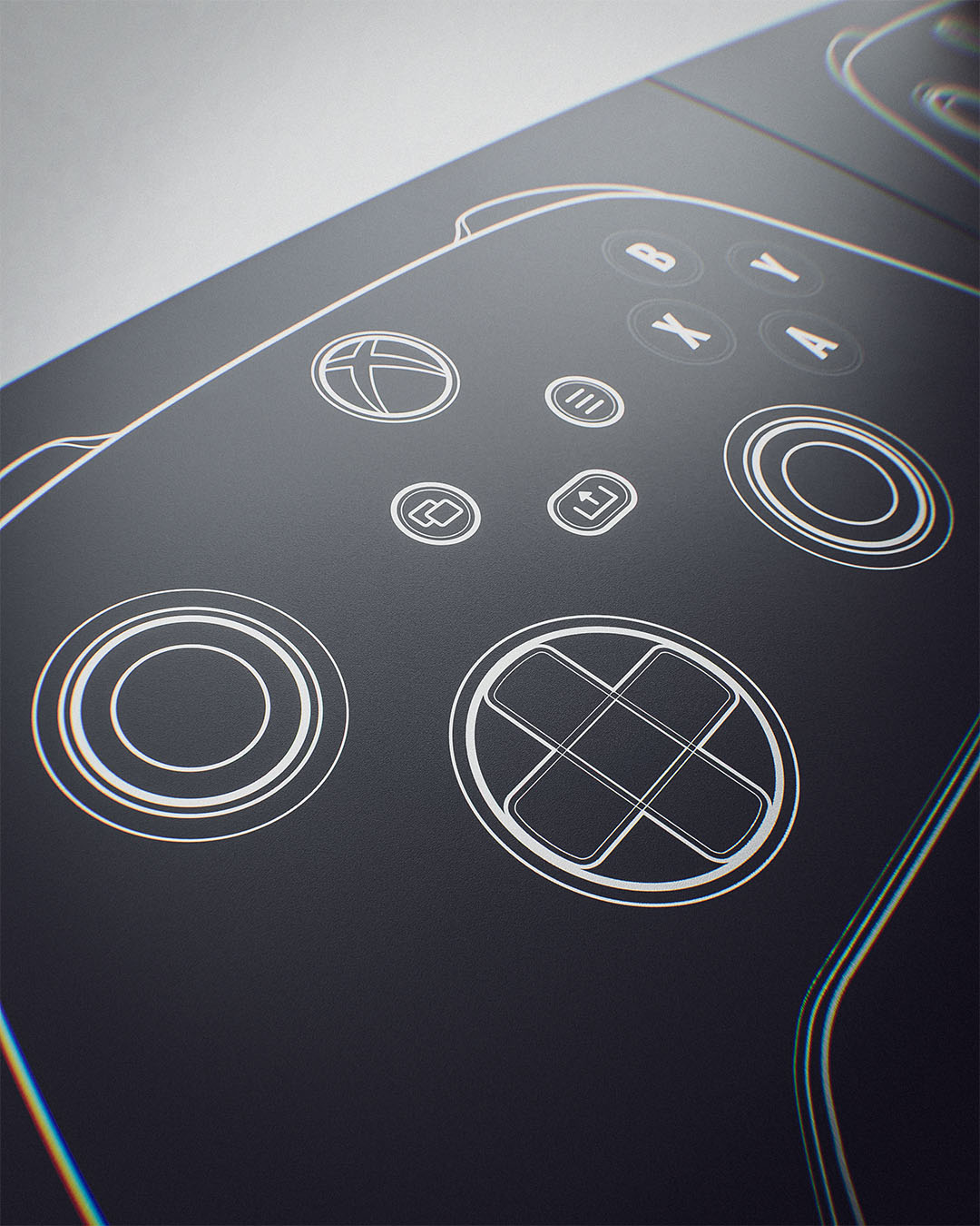 An extreme macro close-up framing the bottom half of an Xbox controller vector schematic, highlighting the precise geometry of the digital directional pad and analogue thumbstick rings.