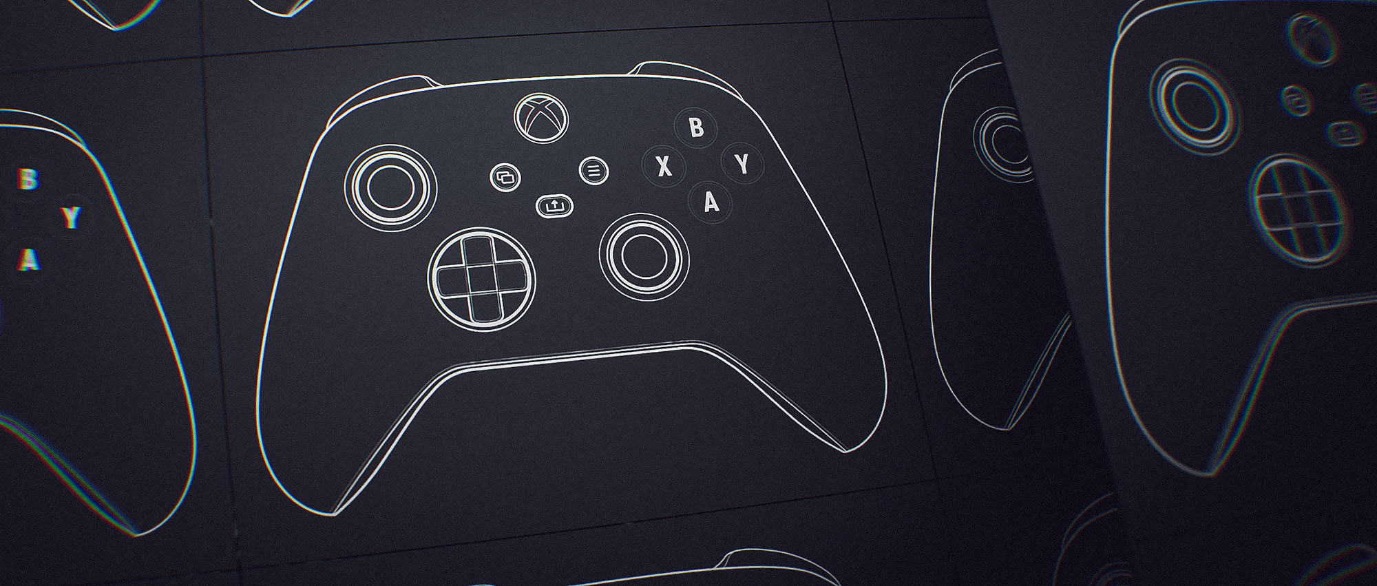 A top-down presentation view showcasing a crisp white vector blueprint illustration of an Xbox controller, displayed on an angled slate-grey surface with subtle chromatic aberration on the outer edges.