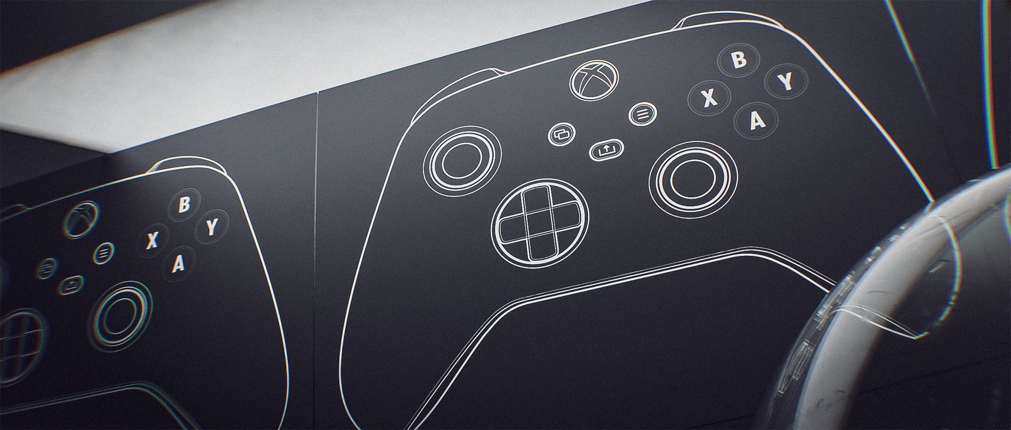 A high-angle look-development composition displaying multiple repeating vector illustrations of an Xbox controller, enhanced with a sharp depth of field and a curved glassy geometric element cutting across the foreground.