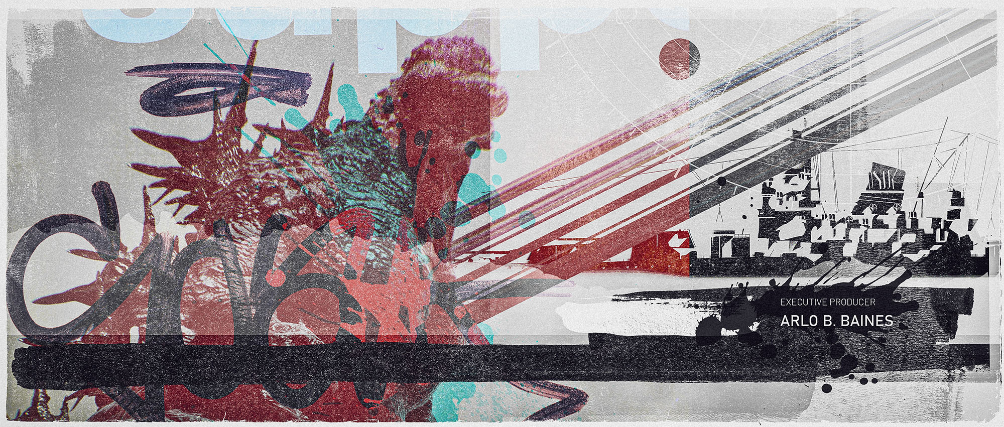 Graphic style movie title card with a red and teal textured Godzilla on the left, a black and white stylized cityscape on the right, abstract paint splatters, and text reading "Executive Producer Arlo B. Baines" by GrafikaOne.