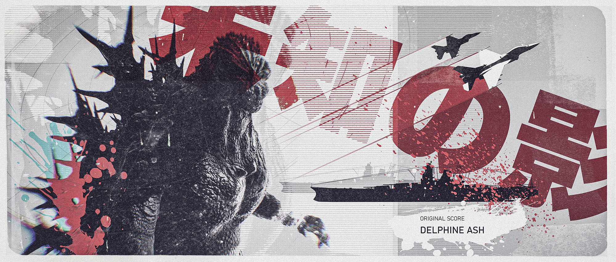 Graphic style movie title card featuring a highly textured Godzilla on the left with pink splatters on its dorsal fins, a silhouetted battleship and fighter jets on the right, large red Japanese kanji overlays, and text reading "Original Score Delphine Ash" by GrafikaOne.