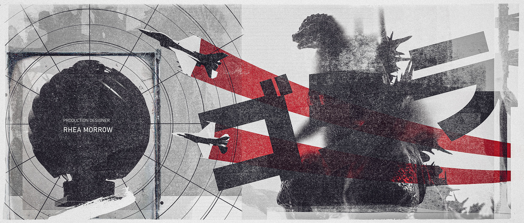 Graphic style movie title card in black, white, and red, featuring Godzilla silhouetted on the right behind large Japanese katakana text, two fighter jets with red trails on the left over a radar grid, and text reading "Production Designer Rhea Morrow" by GrafikaOne.