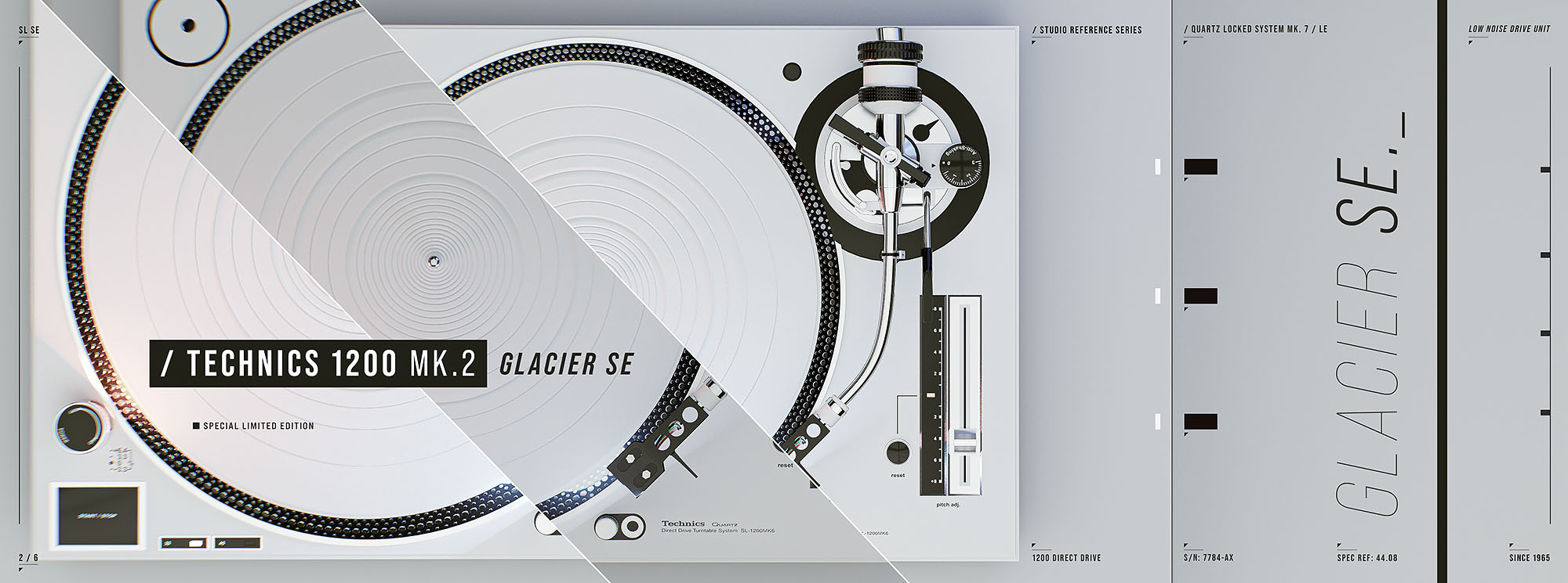 A top-down close-up style frame of a reimagined Technics 1200 MK.2 Glacier SE turntable 3D model, showing a duplicated and offset refractive lens effect over a white turntable platter and a clean grey technical graphic user interface panel.