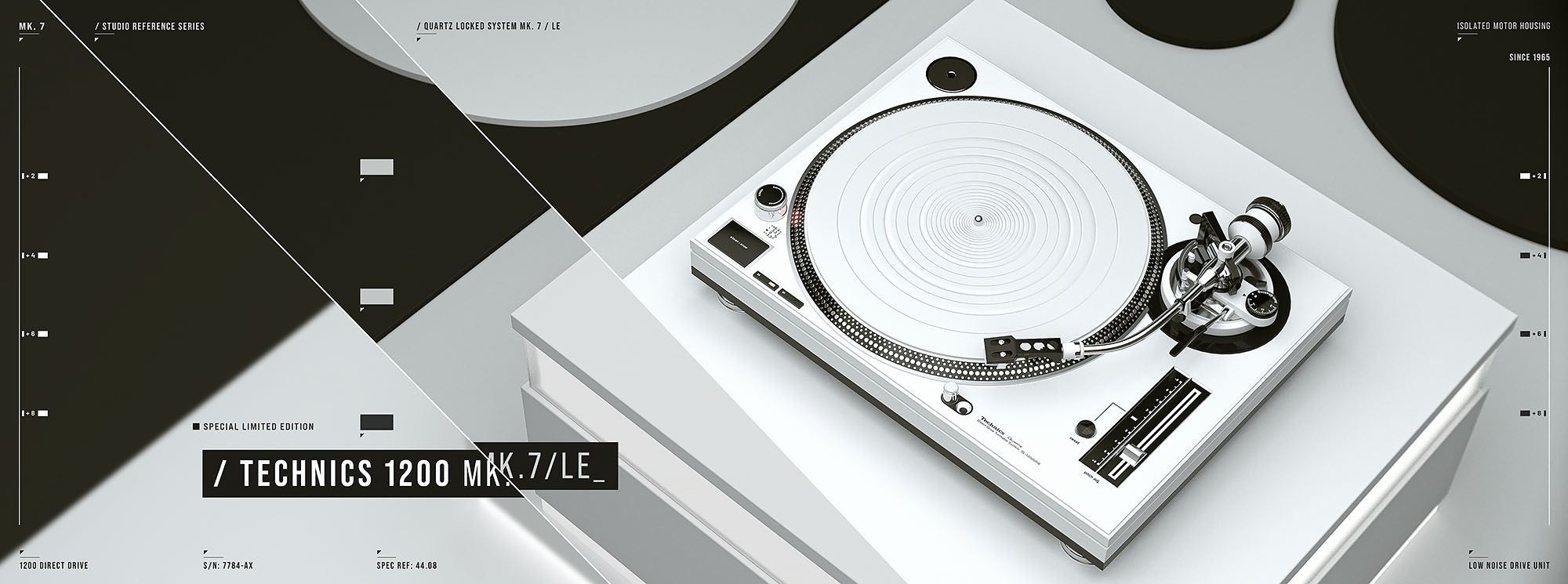 An isometric 3D render of a custom white Technics 1200 MK.7/LE turntable model, integrated with a minimalist 2D graphic design overlay featuring user interface lines, typography, and a refractive offset slice effect across a grey and black background.