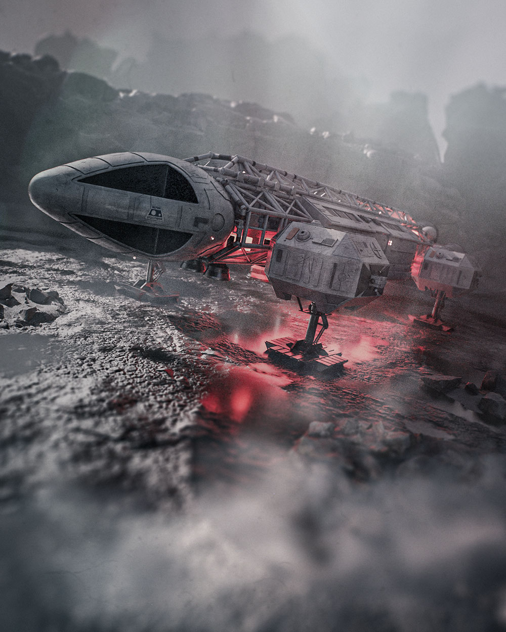 A dramatic low-angle cinematic render focusing on the Eagle Transporter nose cone and forward landing pod descending through heavy fog with a vivid red engine glow reflecting on the surface.