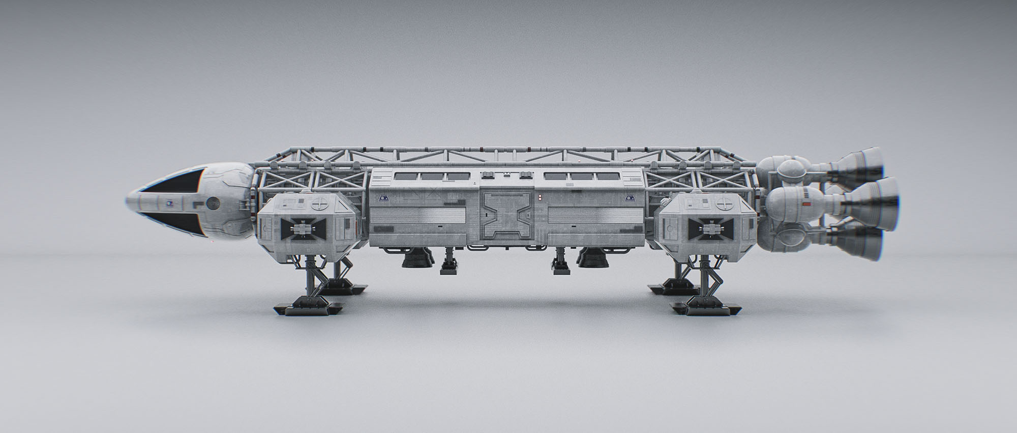 A grainy, high-contrast monochrome macro photograph focusing on the iconic cockpit nose cone and forward landing pod of the Eagle Transporter, stylized as an archival studio snapshot.