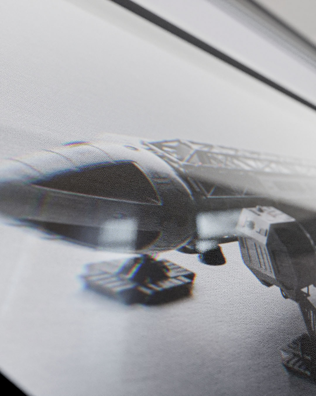 A vibrant, high-contrast editorial graphic poster featuring a sharp black silhouette profile of the Eagle Transporter set against a glowing amber and white background, complete with complex geometric telemetry lines and sci-fi data tracking blocks.