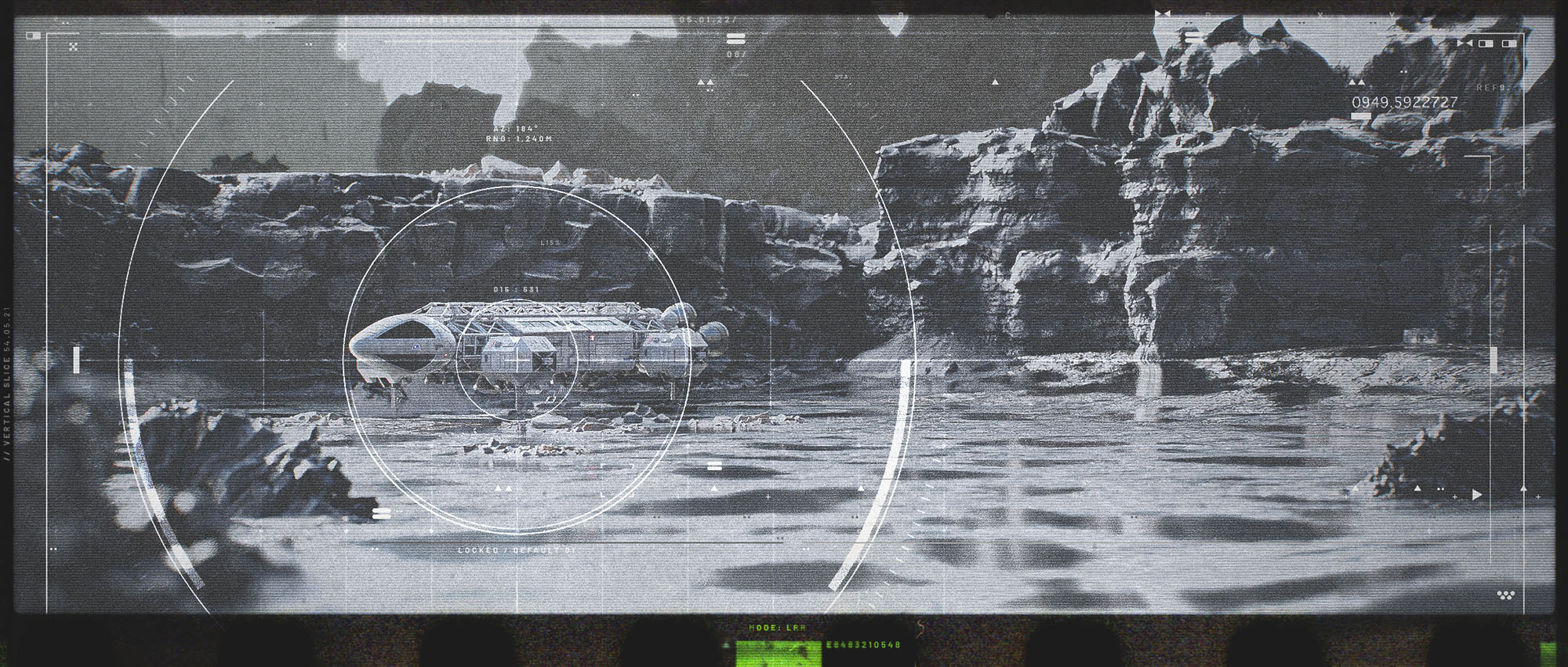 A wide cinematic landscape render framed as a digital monitor display, showing an Eagle Transporter traversing a rocky lunar surface, overlaid with a technical white targeting reticle UI and data readouts.