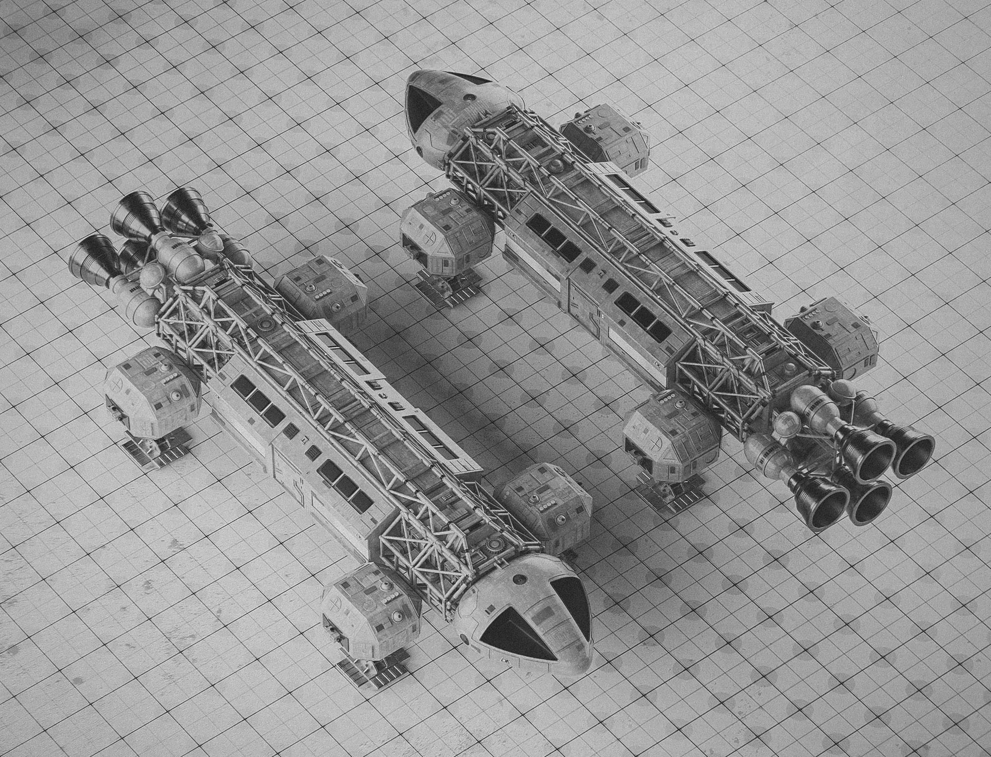 A high-angle isometric-style monochromatic presentation layout showing two Eagle Transporter practical models arranged side-by-side on a gridded effects studio floor with subtle surface smudges and paper textures.
