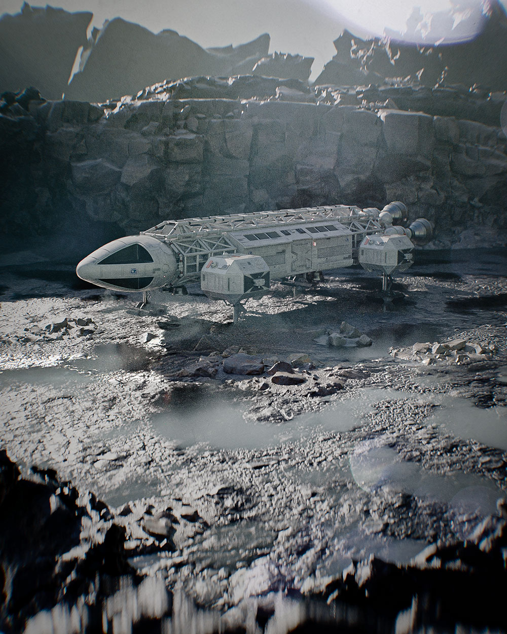 A wide-angle cinematic 3D illustration capturing the Eagle Transporter grounded on a detailed, wet rocky lunar terrain under sharp directional sunlight.