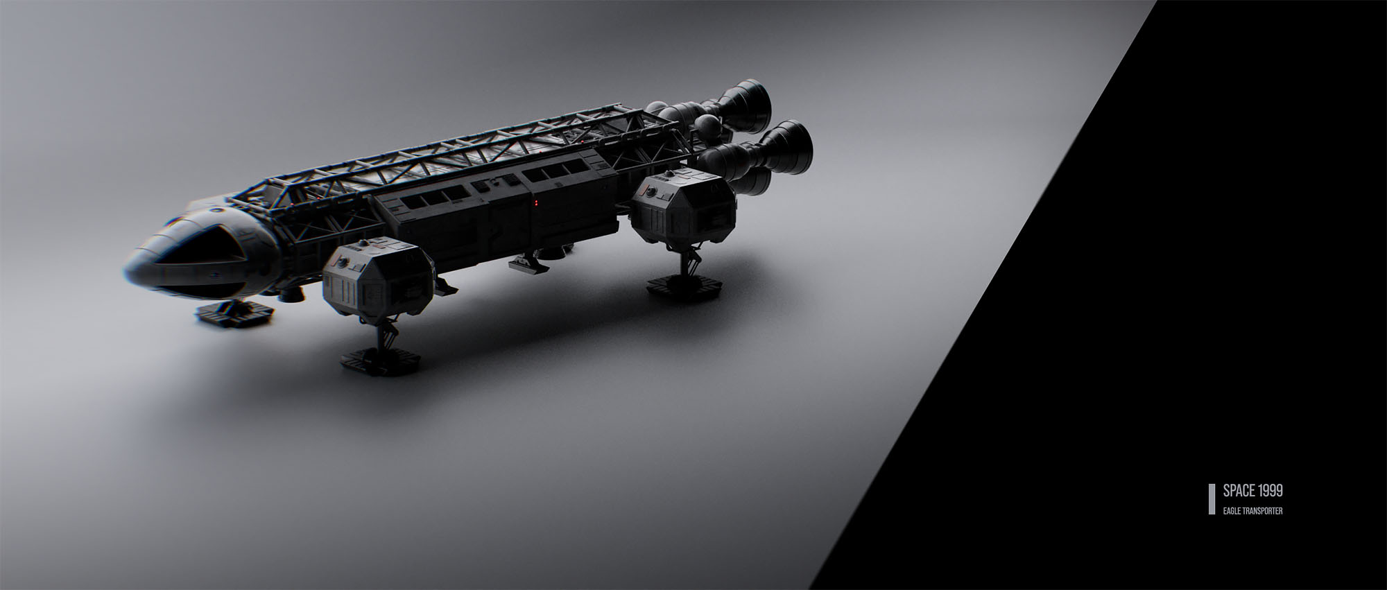 A wide landscape digital composition framing the Eagle Transporter in a dynamic perspective view, utilizing a sharp diagonal split to anchor minimalist technical branding text within a dark textured field on the right.