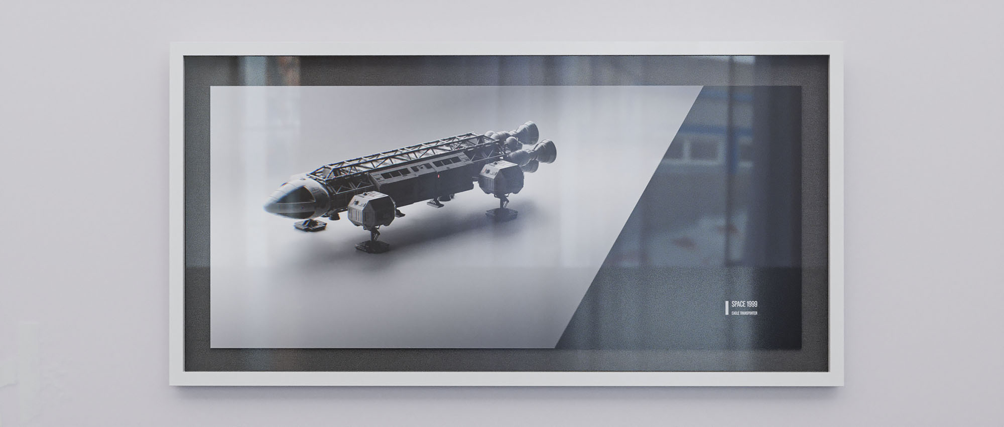 A contextual gallery display view showing the panoramic composition finished within a clean, modern white picture frame mounted on a neutral gallery wall.