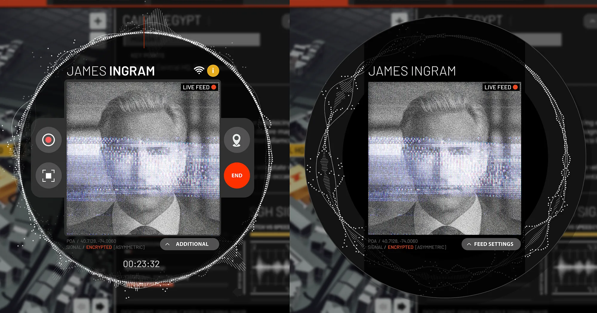Two examples of UI design of a video call pop-up, including design of audio representation, created for Battlefield 6.