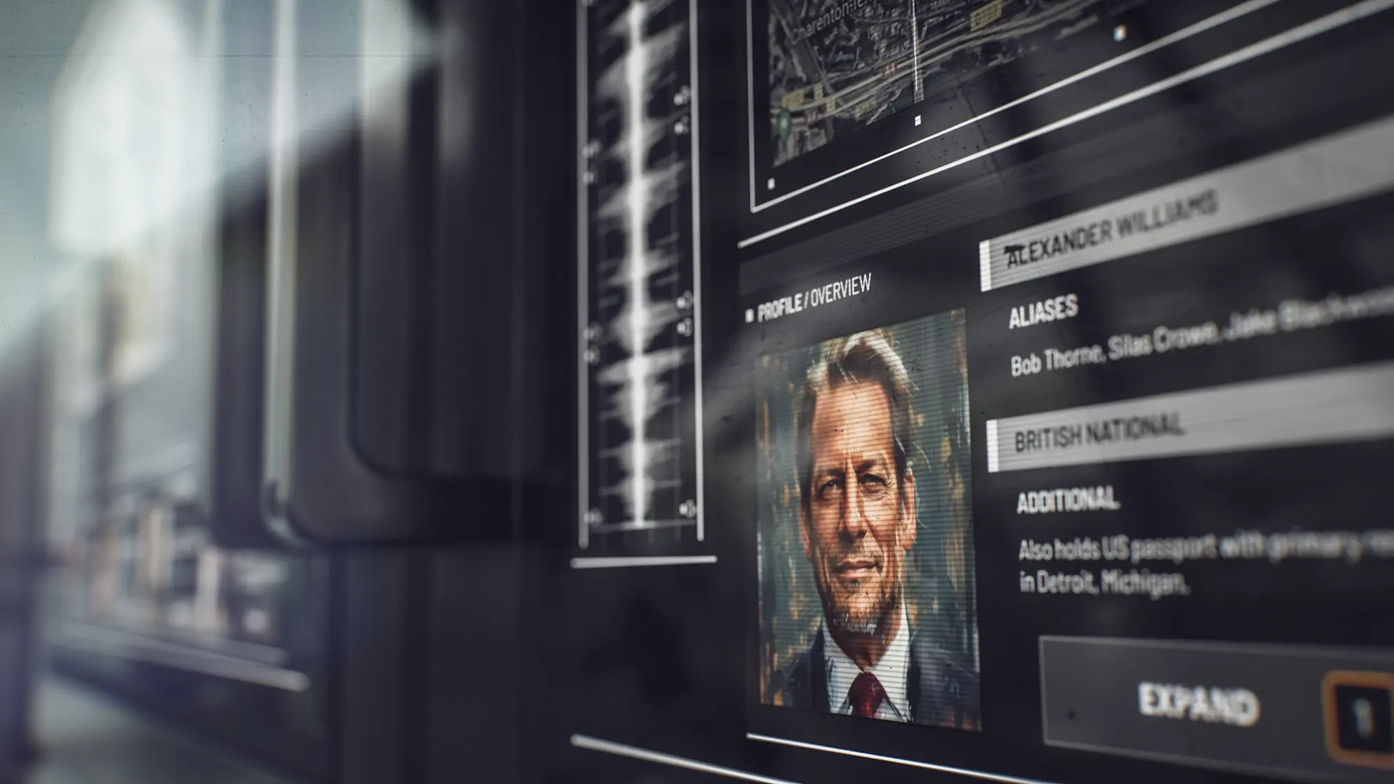 Close-up of a cinematic style frame showing style direction and UI design for a Battlefield cutscene.