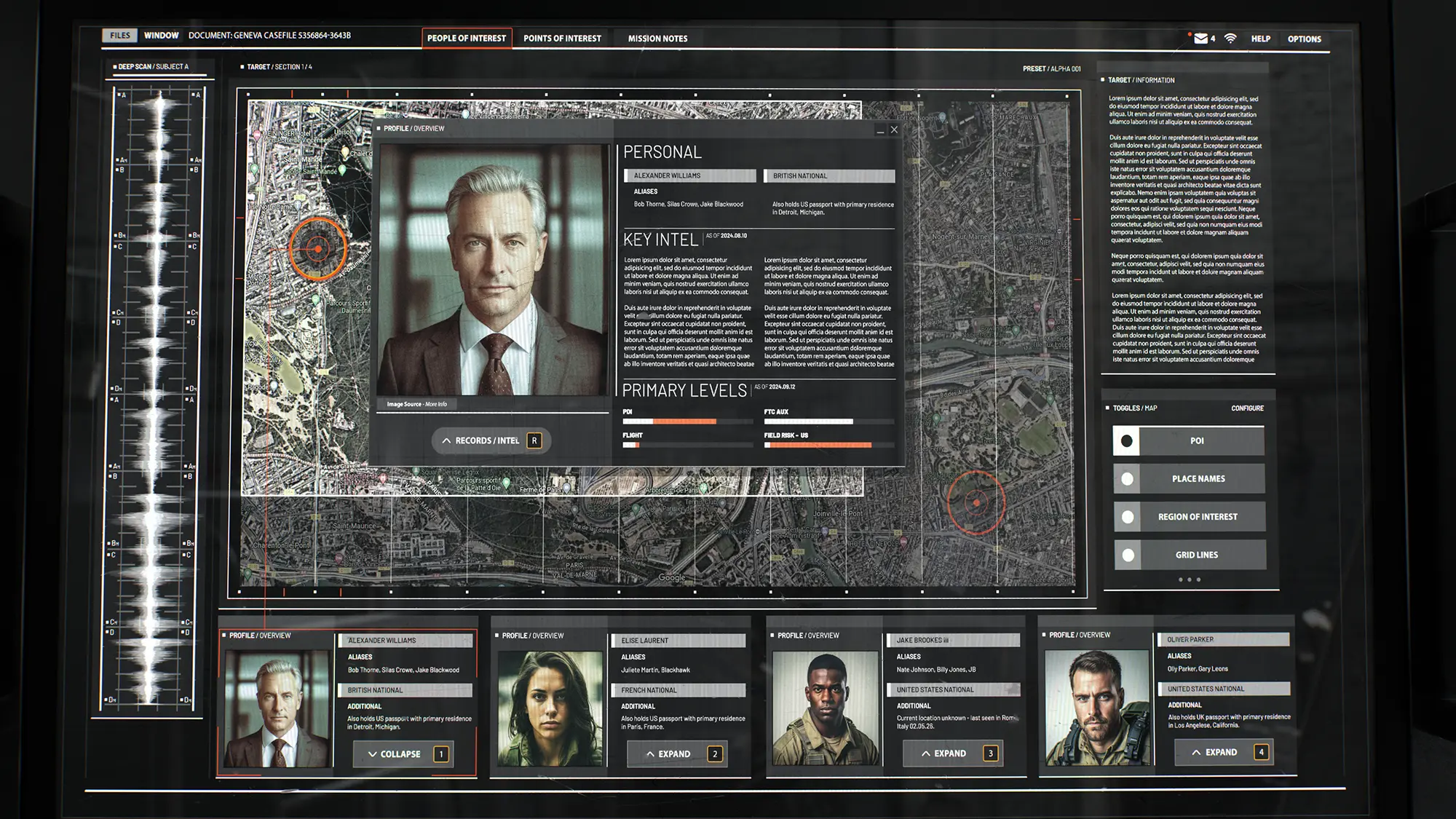 Cinematic style frame showing art direction and military UI design for a military desktop app in a Battlefield 6 cutscene.
