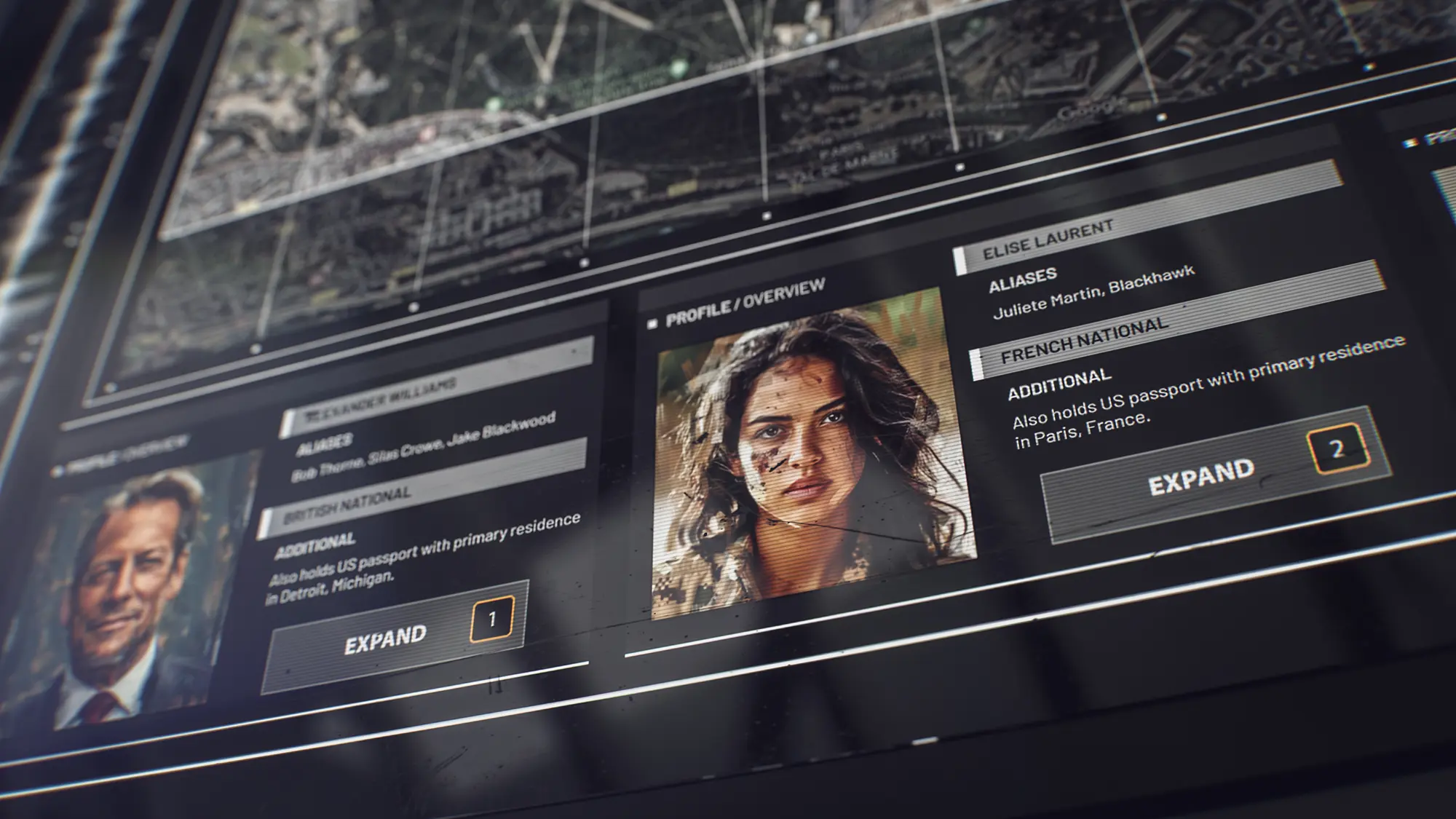 Close-up of a cinematic style frame showing UI design for a military desktop app.