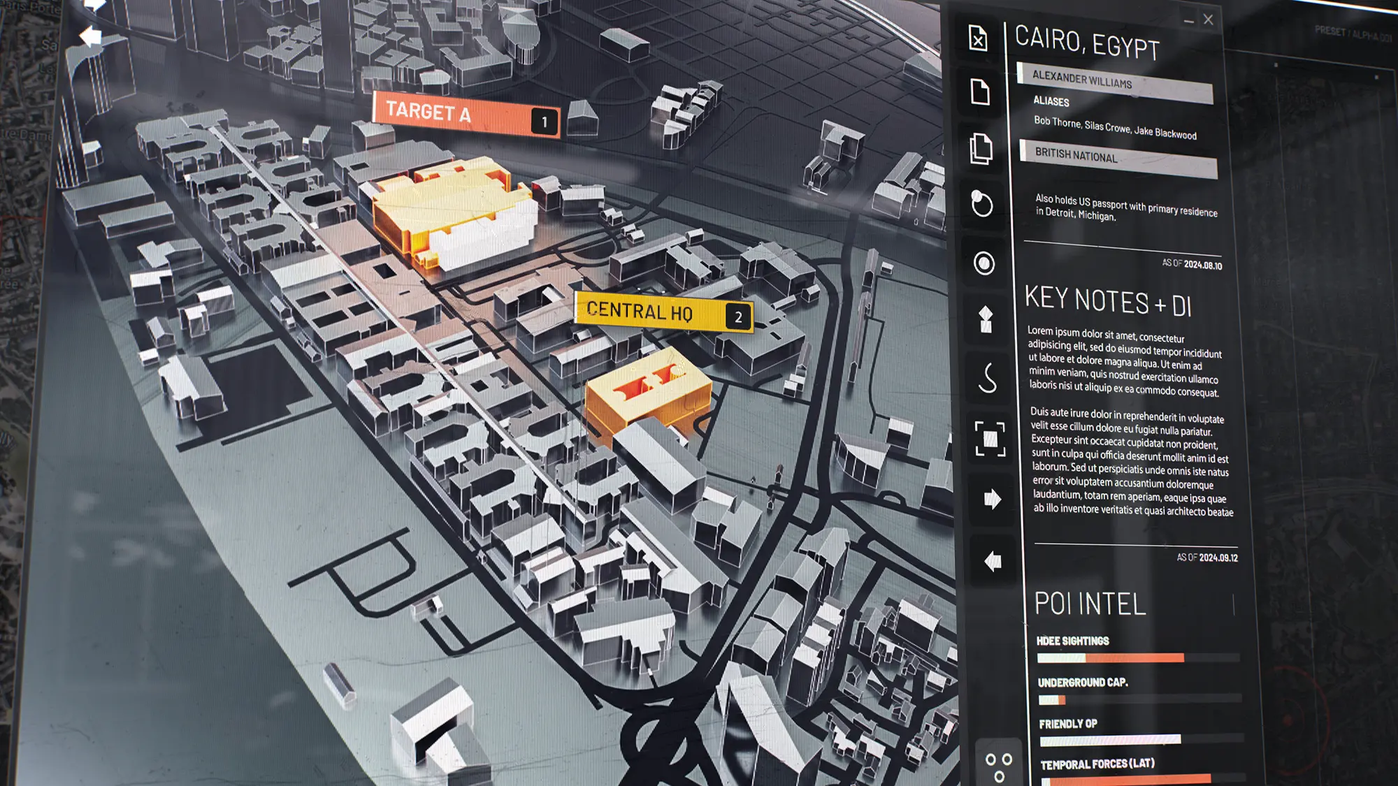 Angle shot style frame showing art direction and military UI design for a Battlefield 6 cutscene.