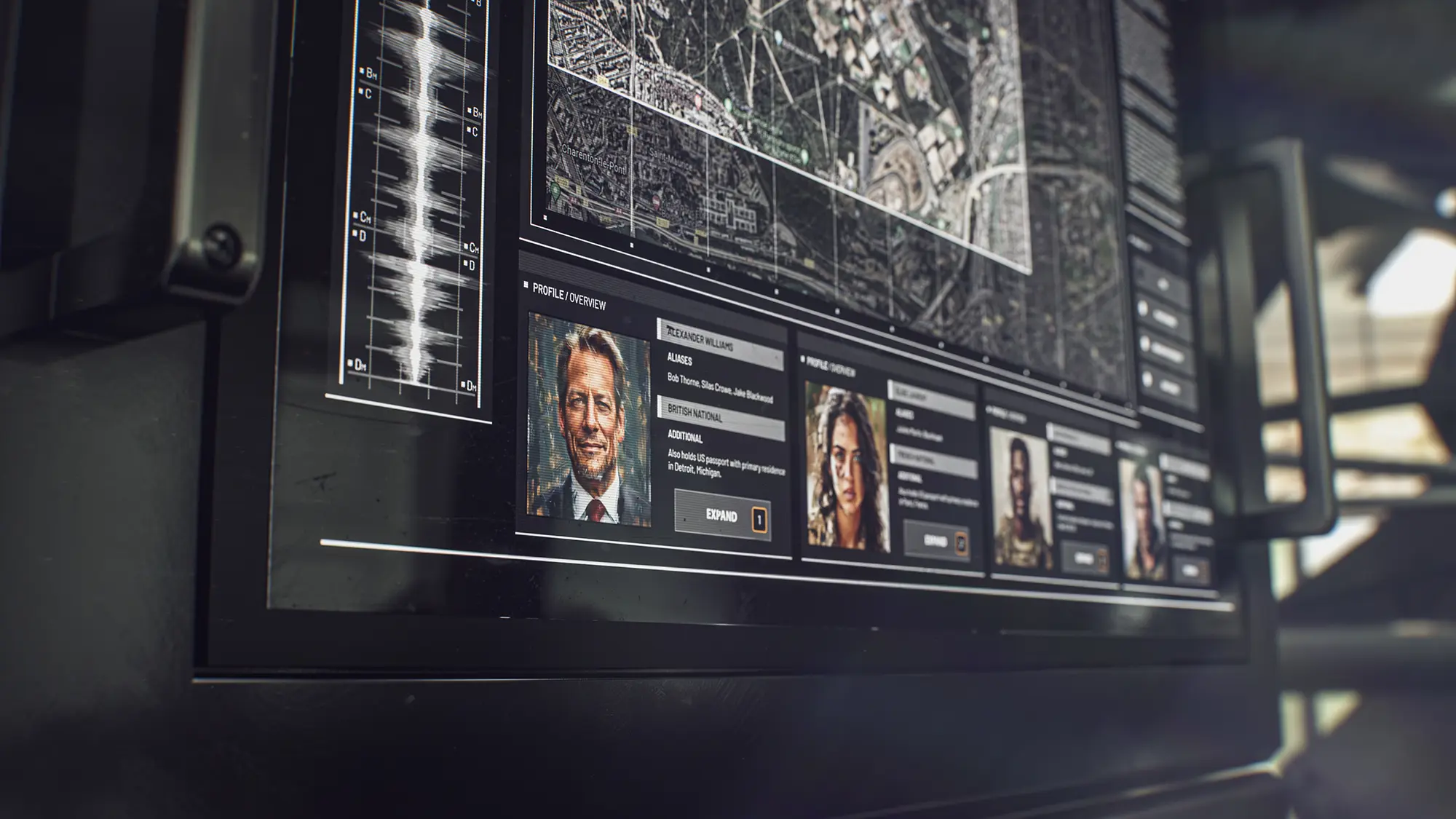 Close-up of a cinematic style frame showing art direction and military UI design for a Battlefield 6 cutscene.