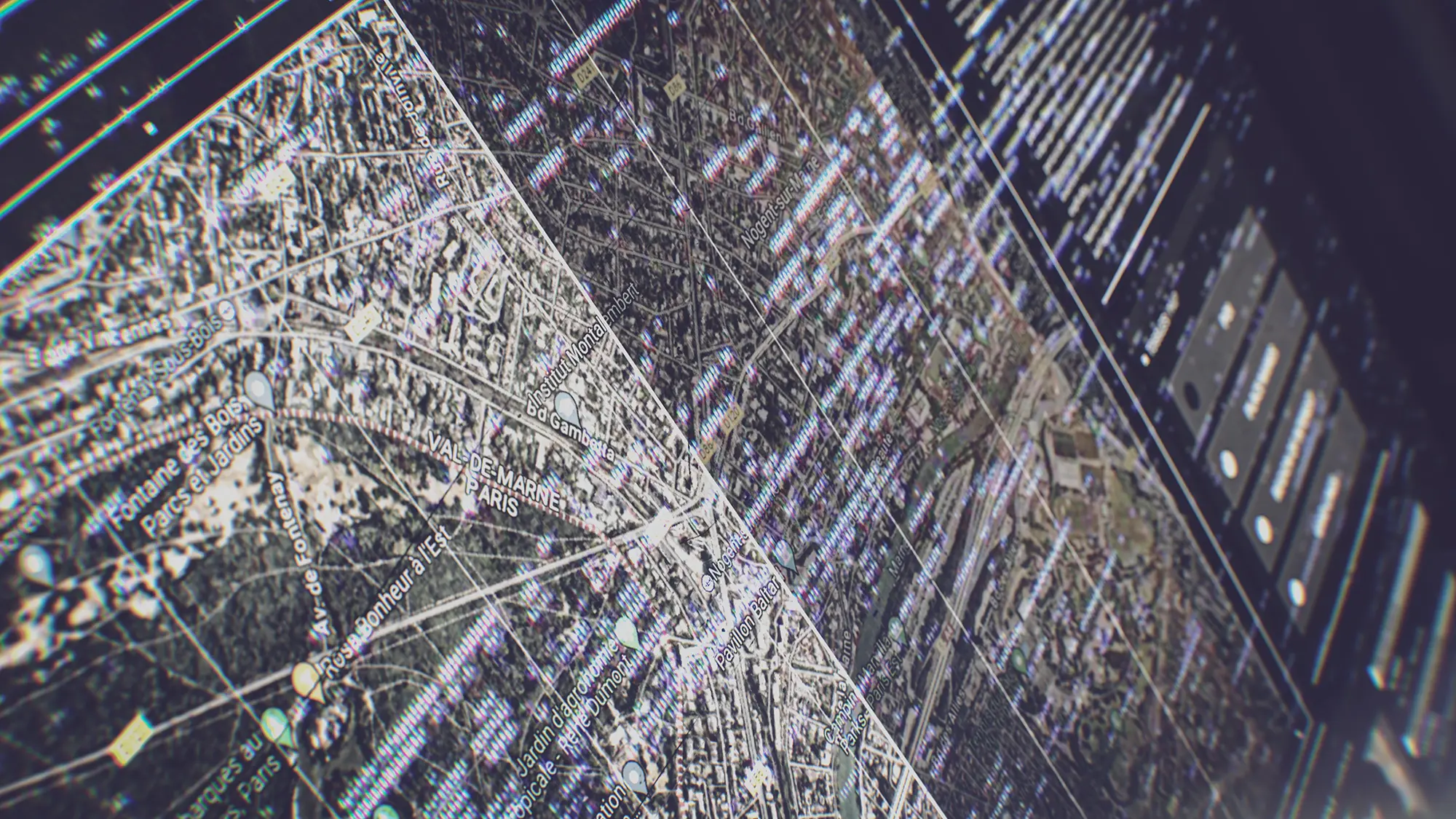 Close-up of UI design and post effects applied to the screen, including glitch.