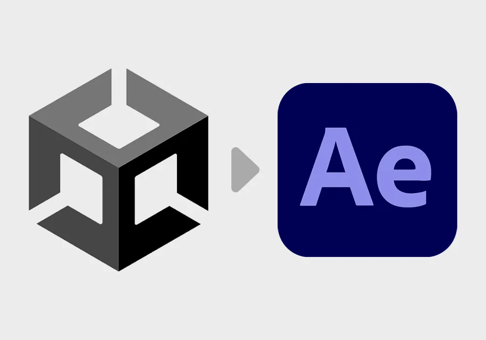 Unity logo on the left with an arrow to its right, pointing to an After Effects logo.