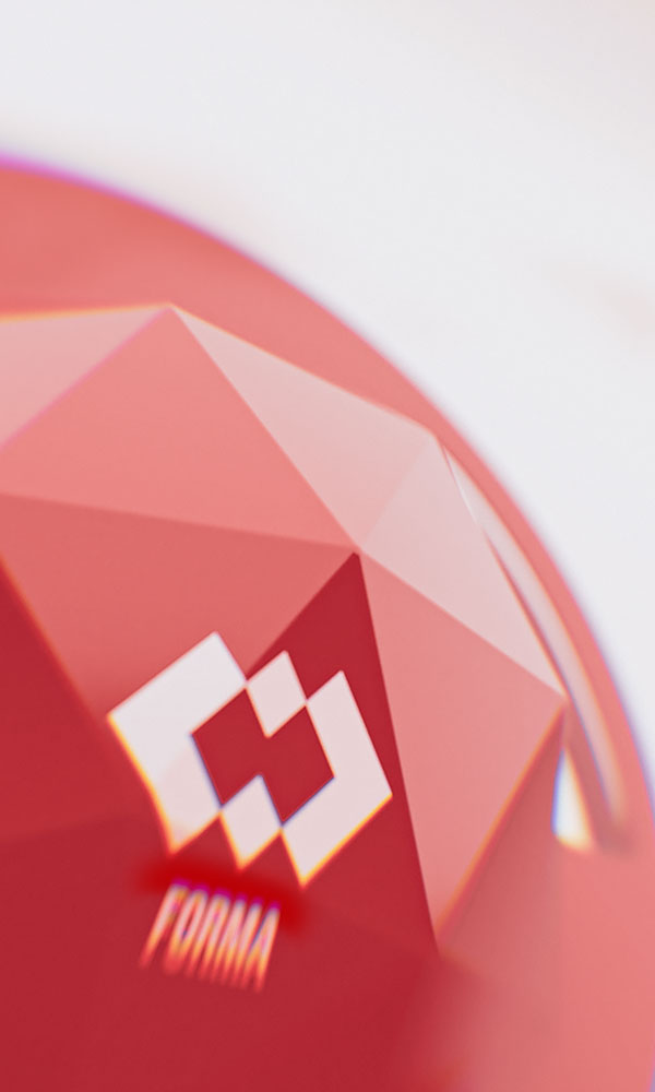 Macro close-up shot focusing on a faceted red geometric element printed with the original white Forma brand logo with cinematic depth of field.