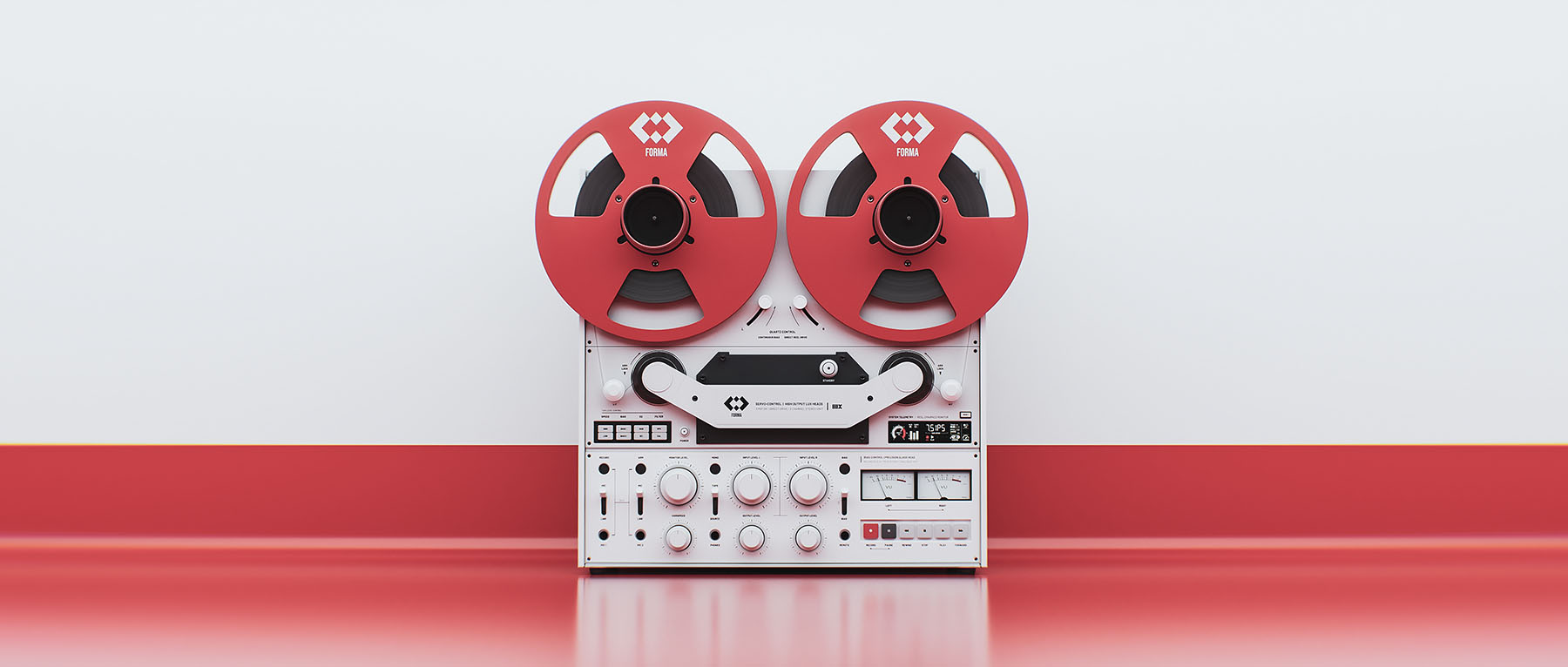 Full front view studio render of the Forma conceptual open-reel tape recorder featuring striking red metal reels and a white control console.