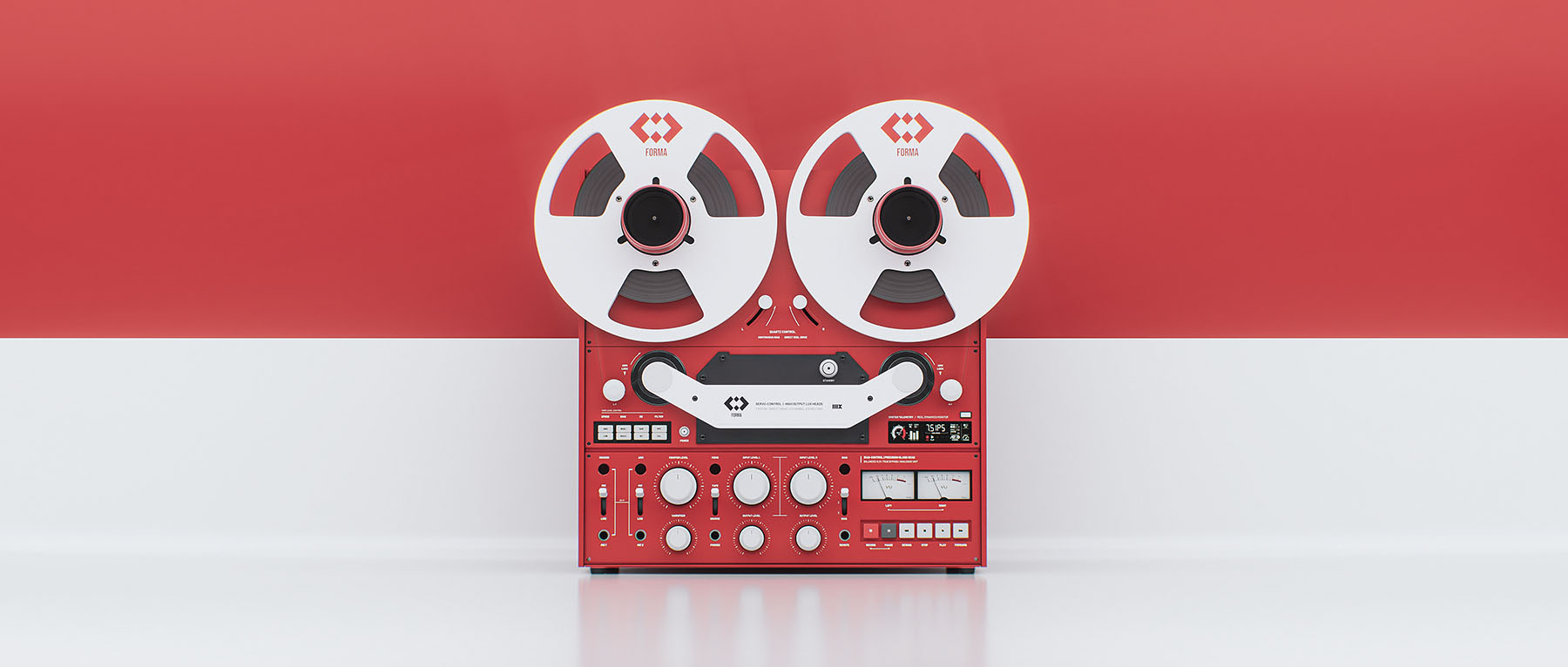 Minimal studio render of an alternative design variation for the Forma tape deck with a solid red base chassis.