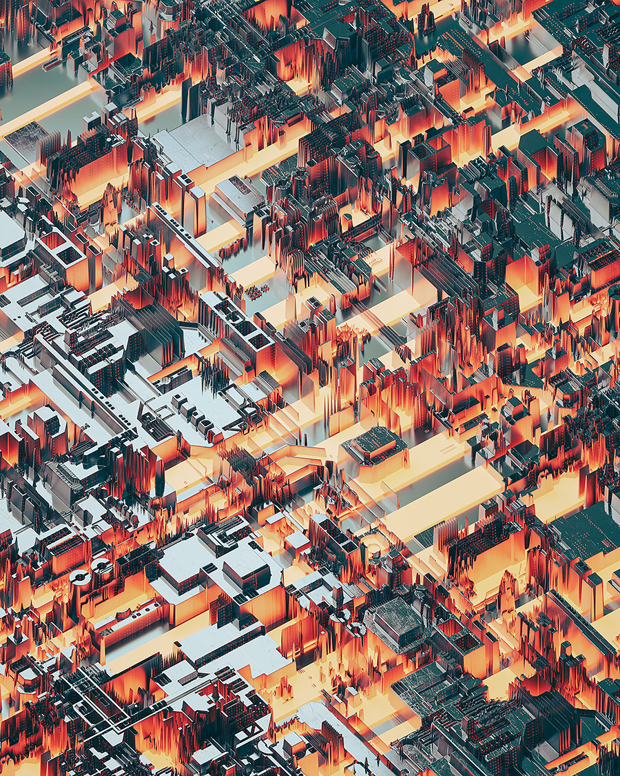 Futuristic cyberpunk city grid featuring dense metallic architecture, glowing orange under-lighting, and high-contrast 3D geometric shapes.