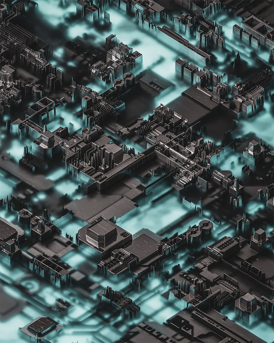 Abstract 3D digital artwork featuring a dense, dark metallic urban grid and complex geometric architectural structures illuminated by a soft teal light.