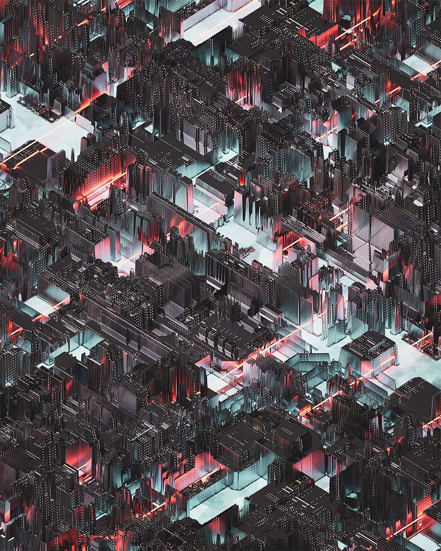 Abstract 3D futuristic urban grid design featuring complex architectural geometry, red neon accent lighting, and a dense, micro-structure megacity layout.