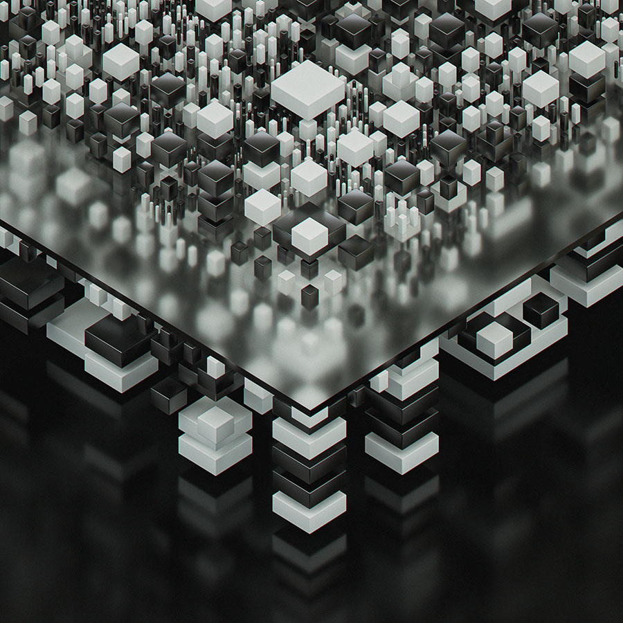 3D rendered cubes floating in space. Isometric camera in Blender. Abstract.