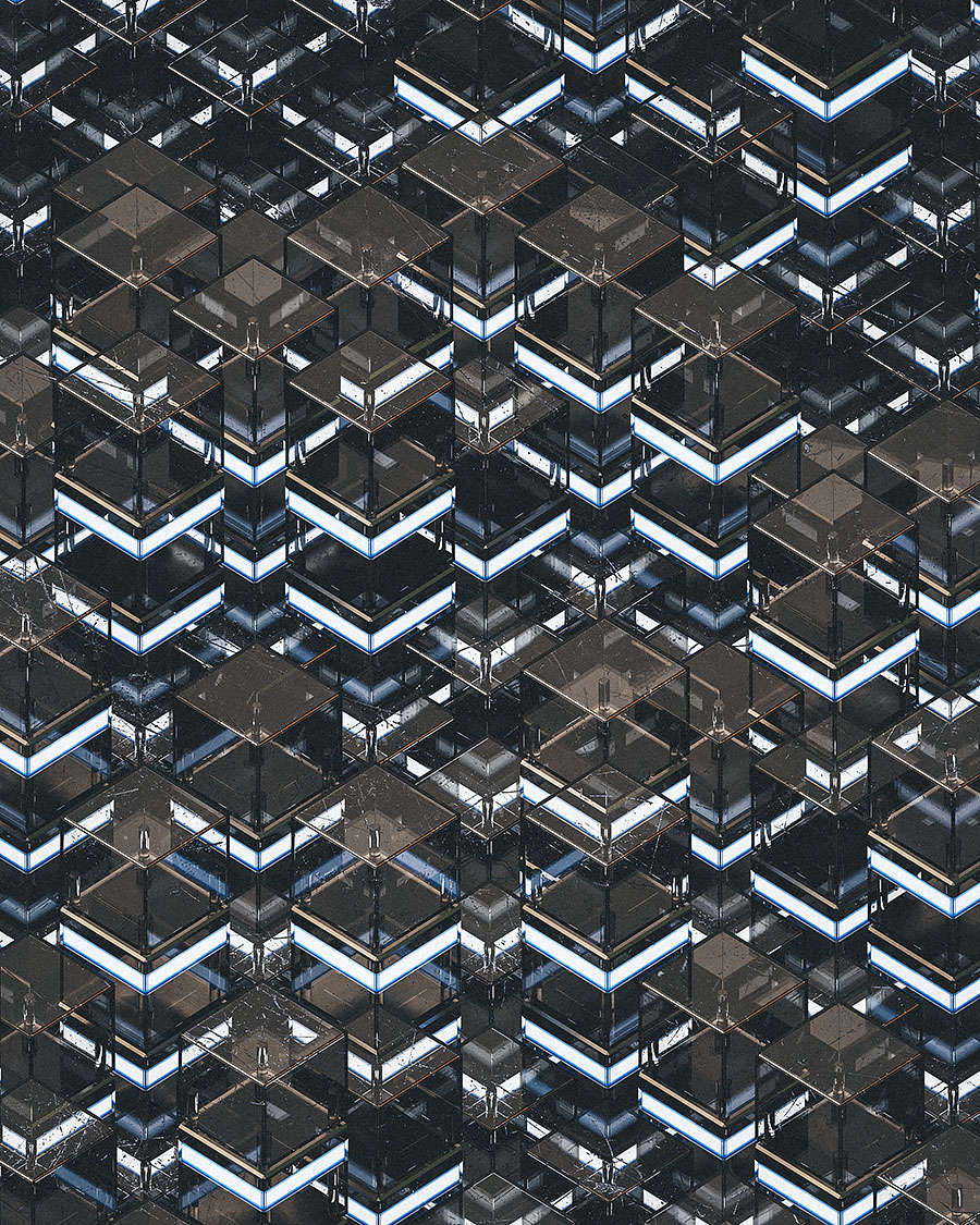Isometric 3D render of a dense grid of translucent dark glass cubes featuring bright blue emissive light strips around their midsections.