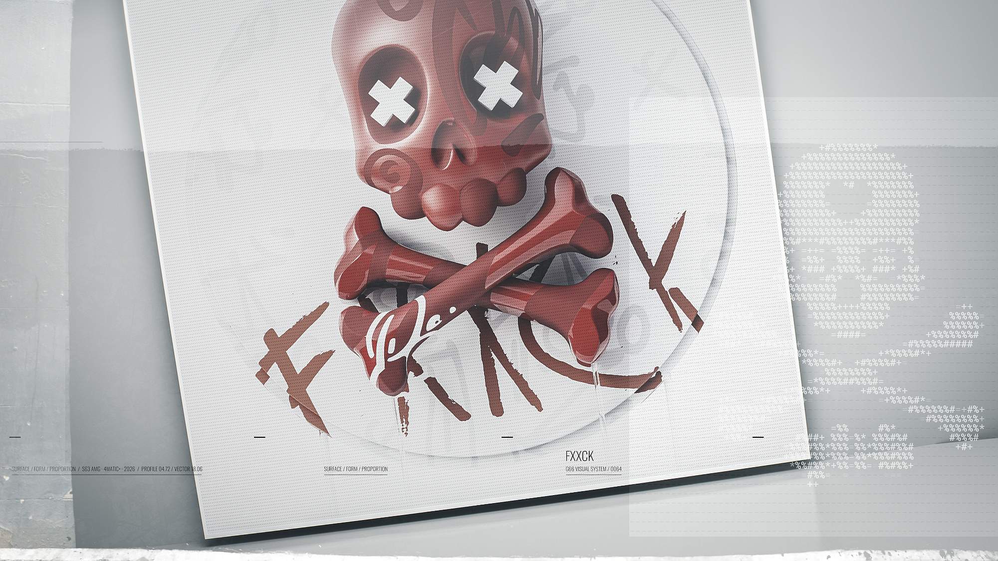 Stylized 3D red skull and crossbones artwork with brush script lettering and technical grid elements on a light textured background