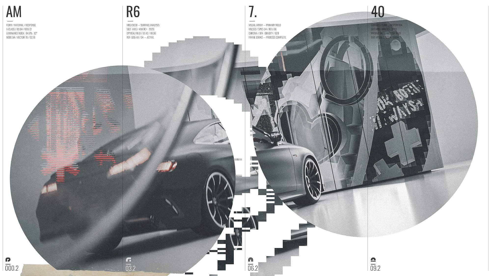 Abstract layout featuring circular circular cutouts showing close-up angles of a dark luxury coupe and technical dashboard graphics