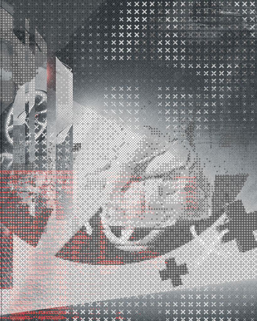 Monochrome abstract visual graphic design composition featuring halftone dot patterns, crosshatch vector grids, and dark textured overlays