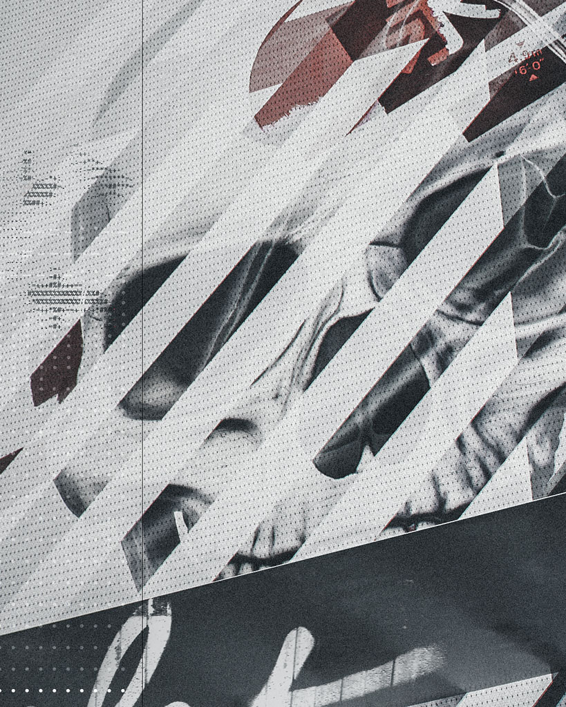 Close-up abstract motion graphic layout featuring dense halftone dot patterns, angled geometric slices, and digital artifacts   