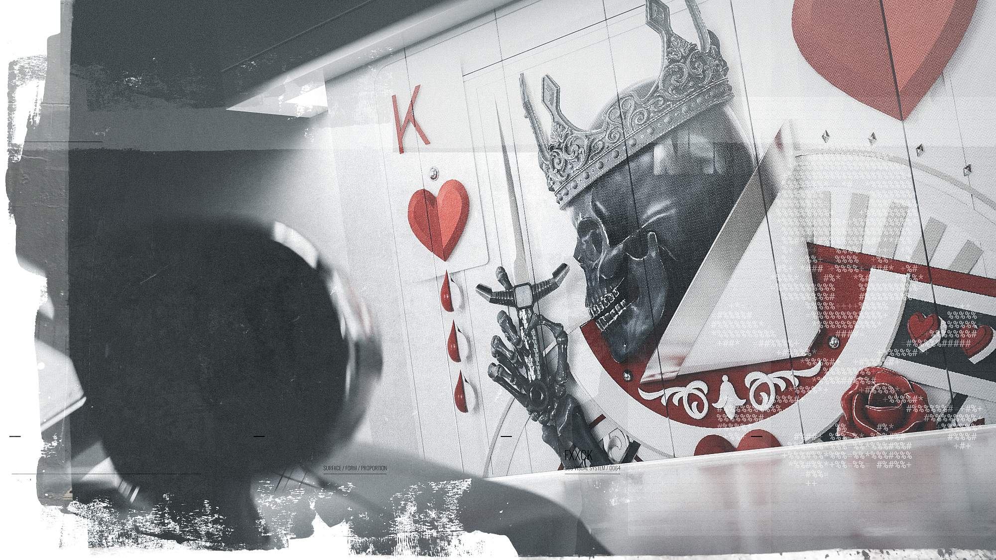 Close-up visual showing a crowned skull artwork seamlessly blended with playing card suit symbols and clean geometric typography
