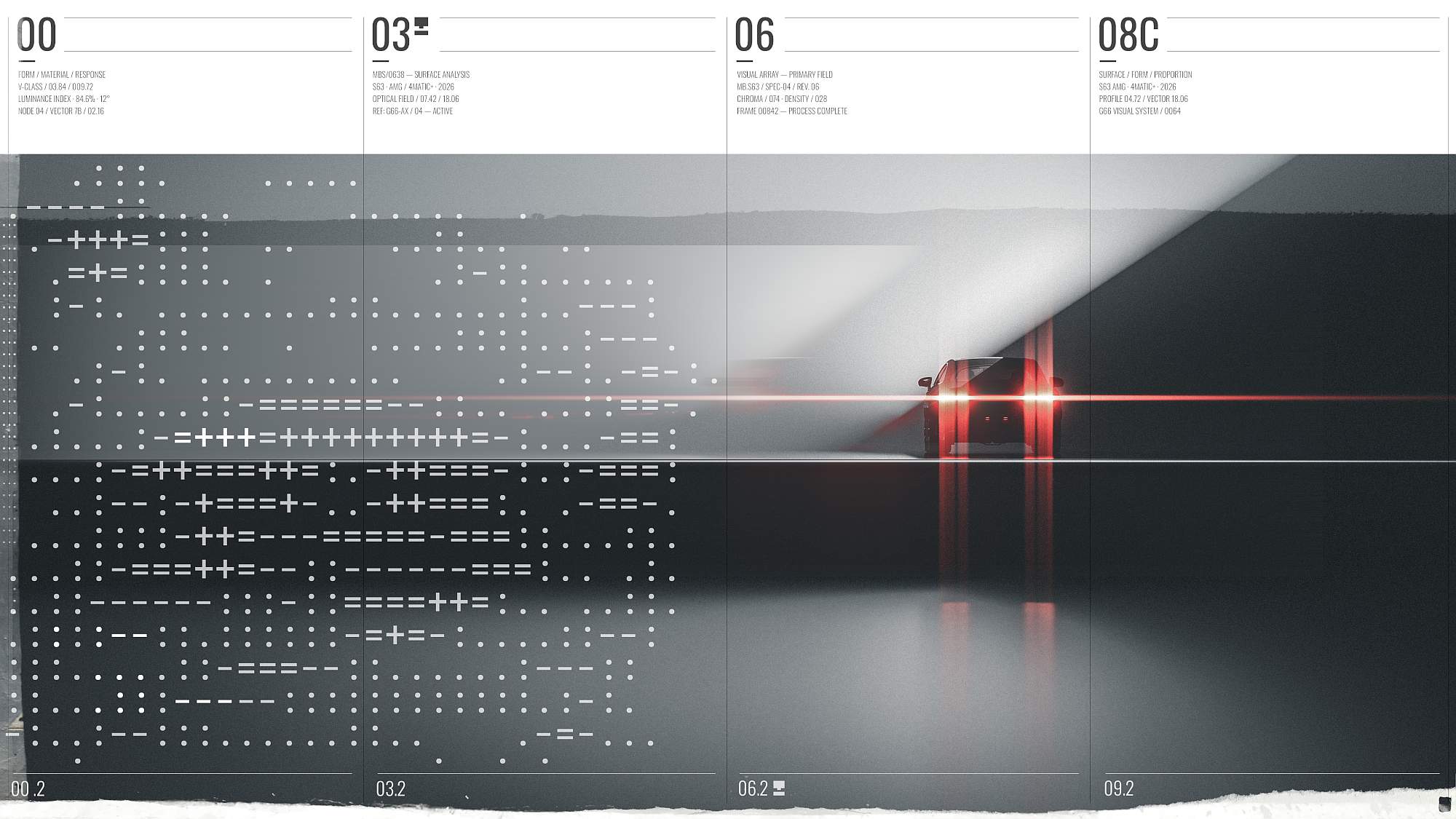 Wide sci-fi telemetry dashboard view featuring glowing red tail lights, data readouts, and dense alphanumeric code overlays