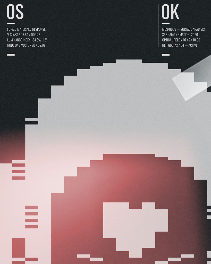 Abstract pixelated heart graphic poster featuring sci-fi interface metadata, surface analysis telemetry, and minimalist typography by GrafikaOne   