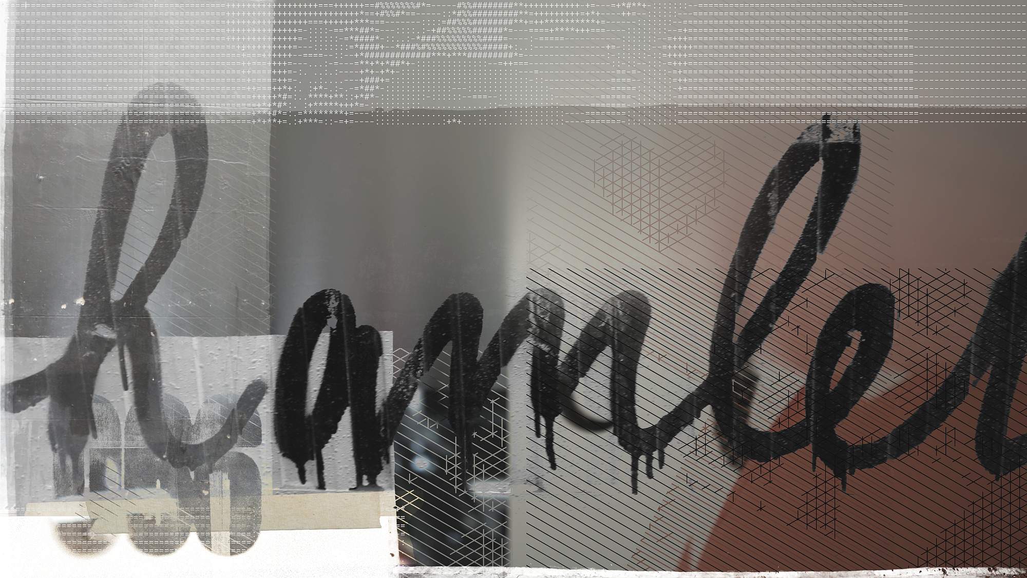 Abstract visual composition featuring bold black spray-painted cursive lettering over textured halftone grids and subtle geometric linework