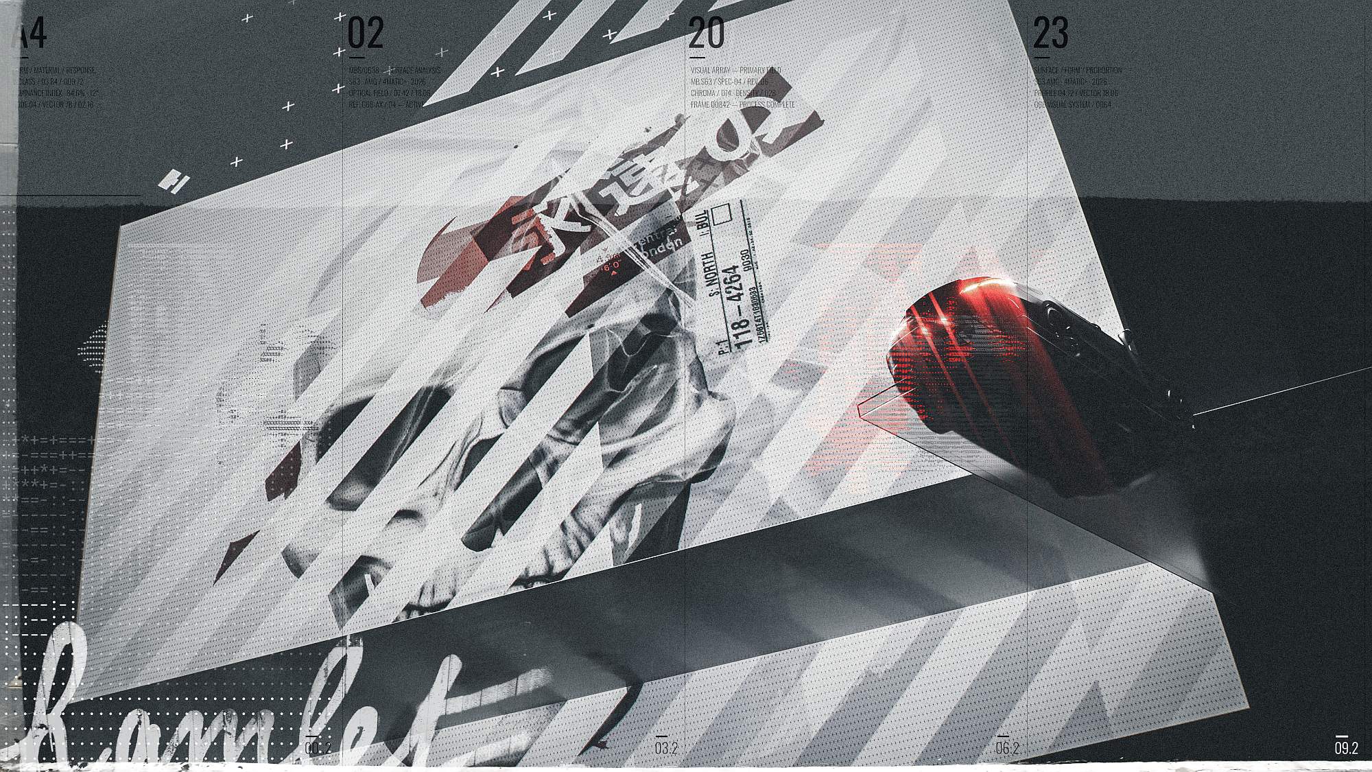 Monochromatic graphic layout featuring dynamic diagonal slash transitions, Japanese kanji character details, and fine technical grid accents
