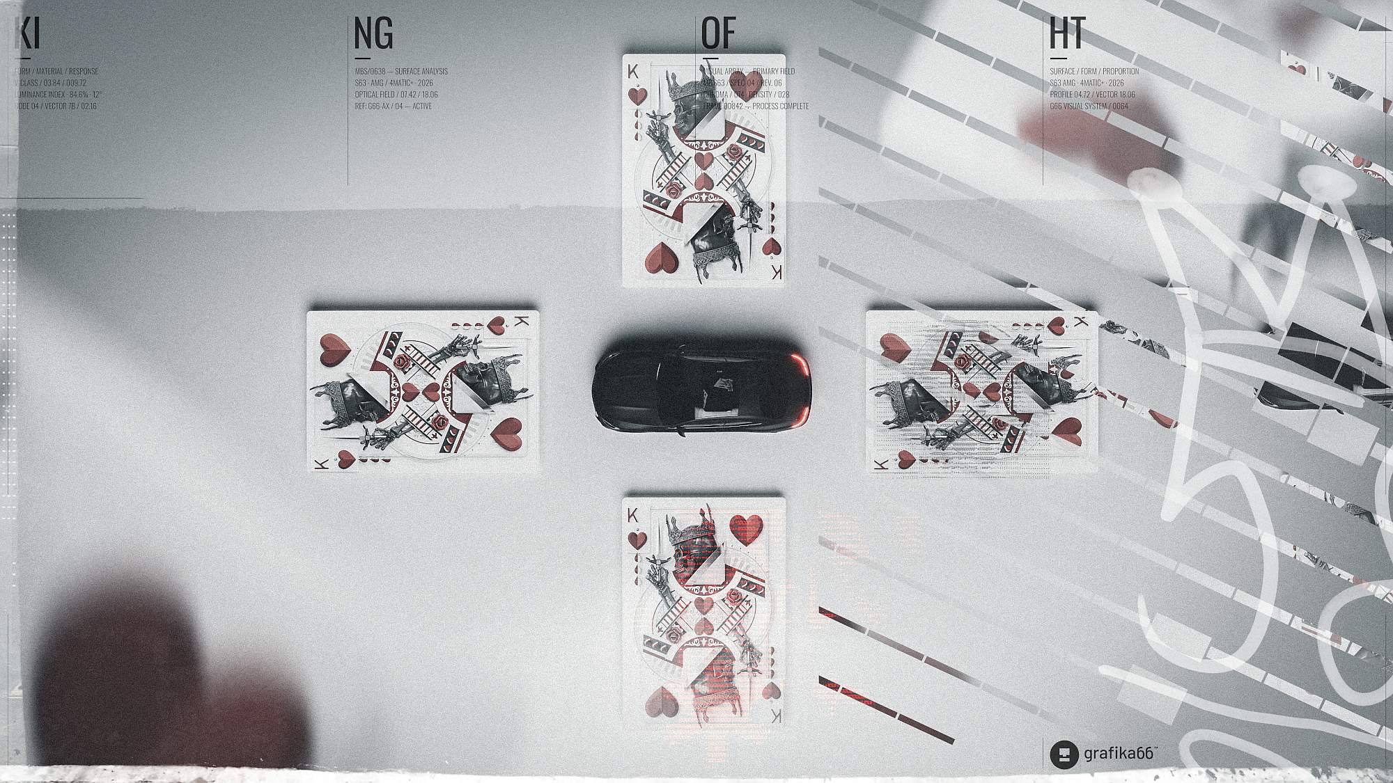 Top-down arrangement showing a dark coupe surrounded by King of Hearts playing cards and white line graphics on a textured surface