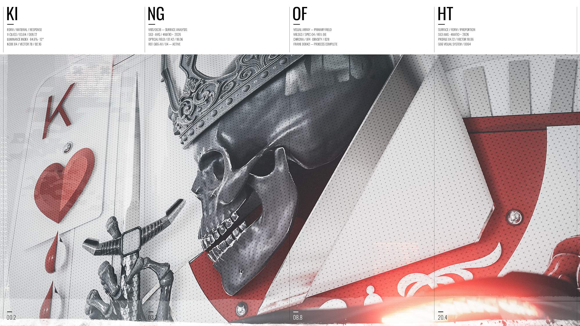 Detailed view of a crowned metallic skull incorporated into a King of Hearts playing card visual with red emblem accents
